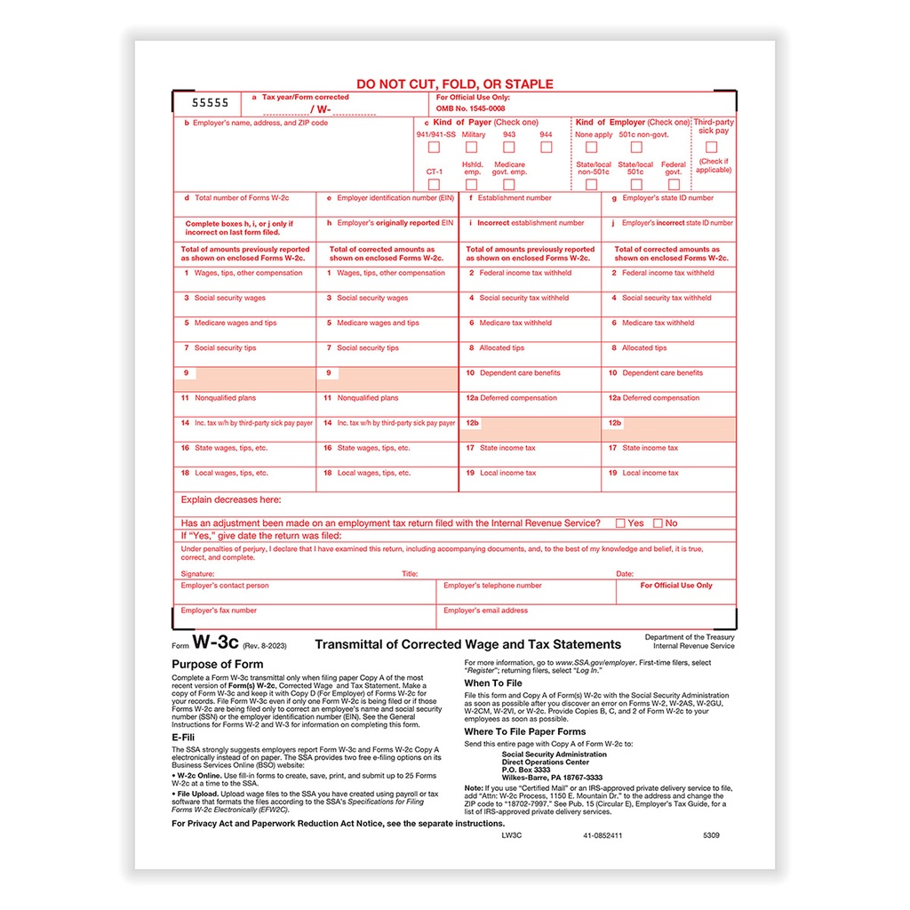 Tax Form W-3C Correction Summary Employer Federal (530925)(25 Pack)